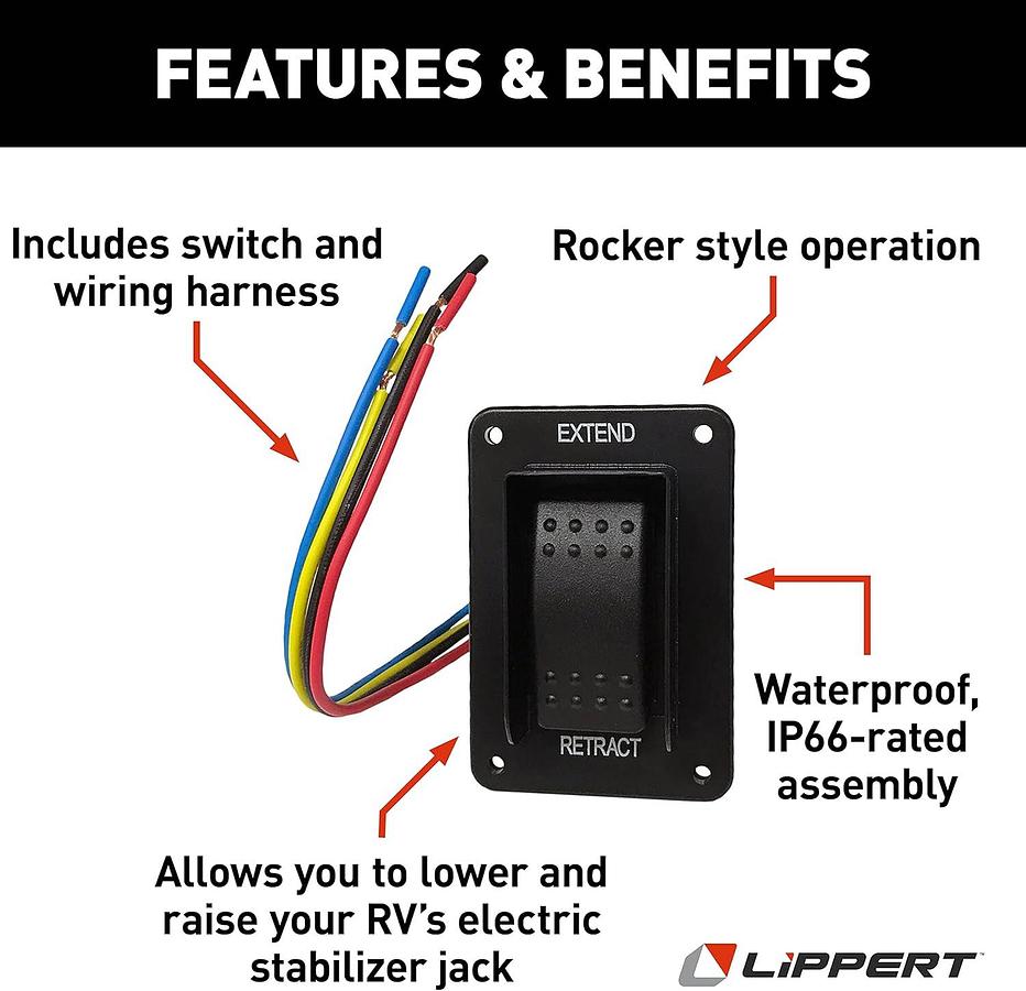 Lippert Replacement Power Stabilizer Extend/Retract Switch with Rocker Style Operation, IP66-Rated Waterproof Assembly (Installation Hardware Not Included) - 387874