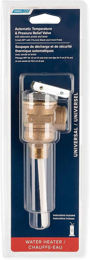 Camco 10423 1/2" Temperature and Pressure Relief Valve with 4" Epoxy-Coated Probe , Brown