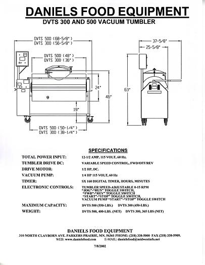 Daniels Food Equipment, Vacuum Tumbler, 500# capacity Md# DVTS-500 NEW