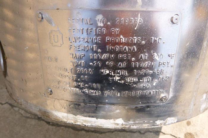 Used Tank, 5 Gallon S/st, 110 PSI, FV, DT/DB, Clamped Top, A #S744169