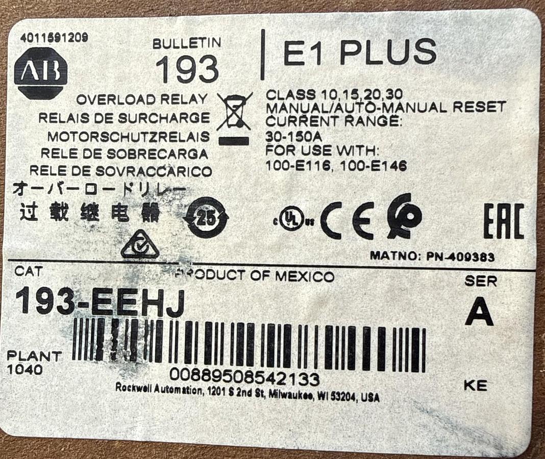Allen-Bradley 193-EEHJ ELECTRONIC OVERLOAD RELAY NEW