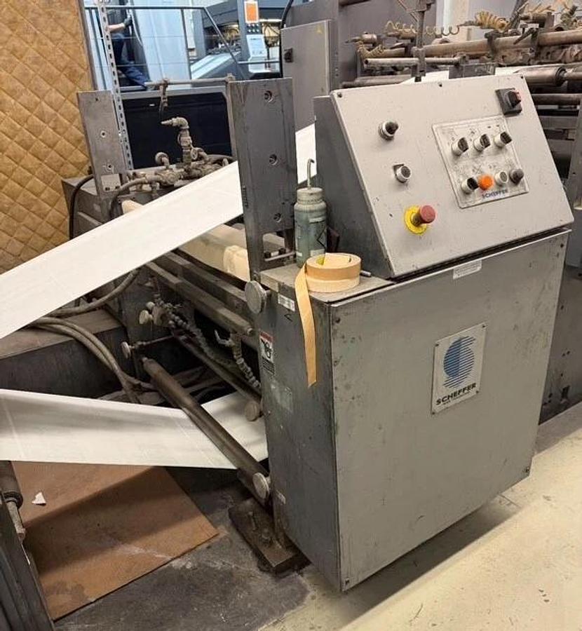Used Scheffer 38" wide inline with Die Cutter, gluer, UV coater, Dynatec, Baldwin