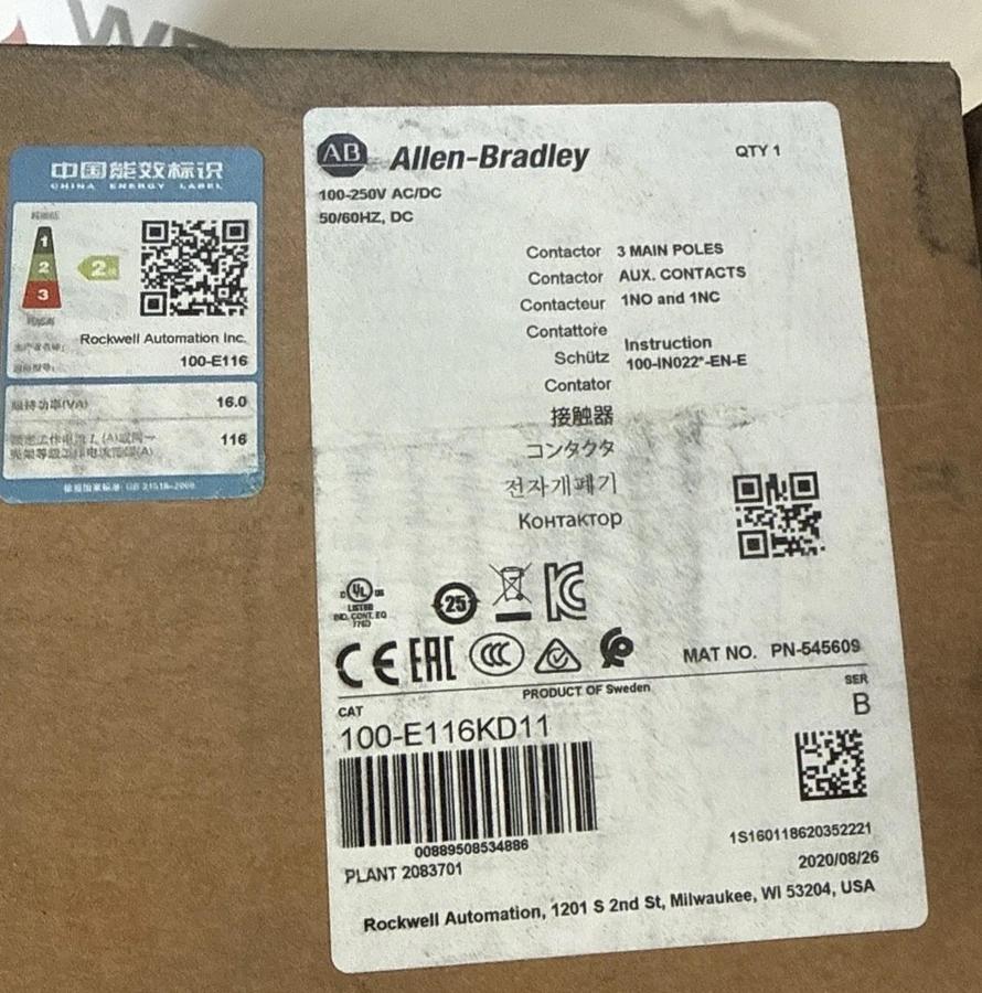 Allen-Bradley 100-E116KD11L 116A    100-250V AC/DC 3 Main Poles NEW 889508534961