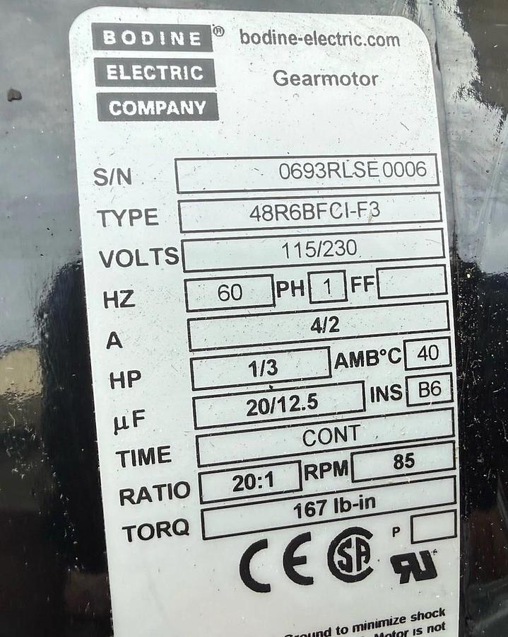 Bodine 48R6BFSI-F3 1/3HP Gear Motor 115/230 VAC 60 HZ 1 PH NOS
