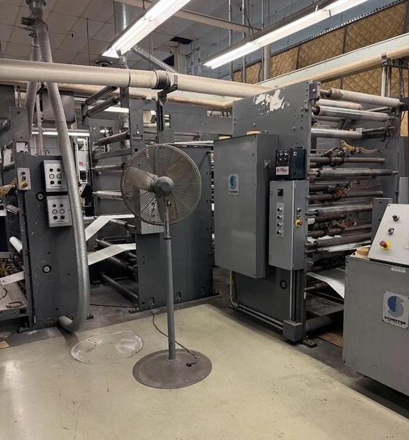 Used Scheffer 38" wide inline with Die Cutter, gluer, UV coater, Dynatec, Baldwin