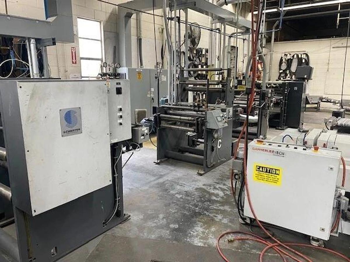 Used Scheffer servo Inline Offline Finishing with Plows, Ribbon Deck, Die Cutter