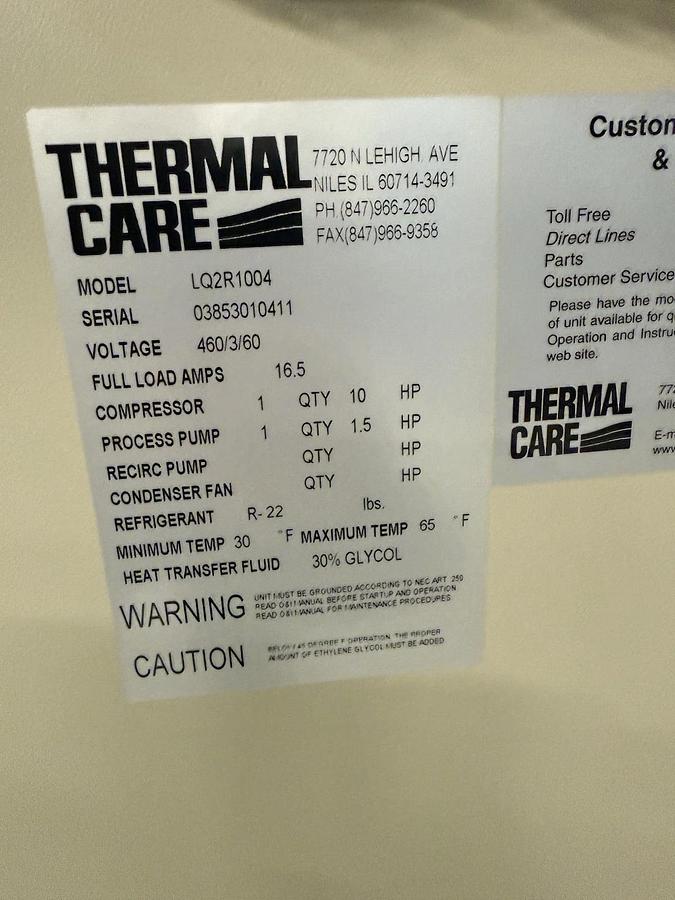 Used AWS Chiller Thermal Care LQ2R1004 Remote Air Cooled Condensor Chiller 460/3/60