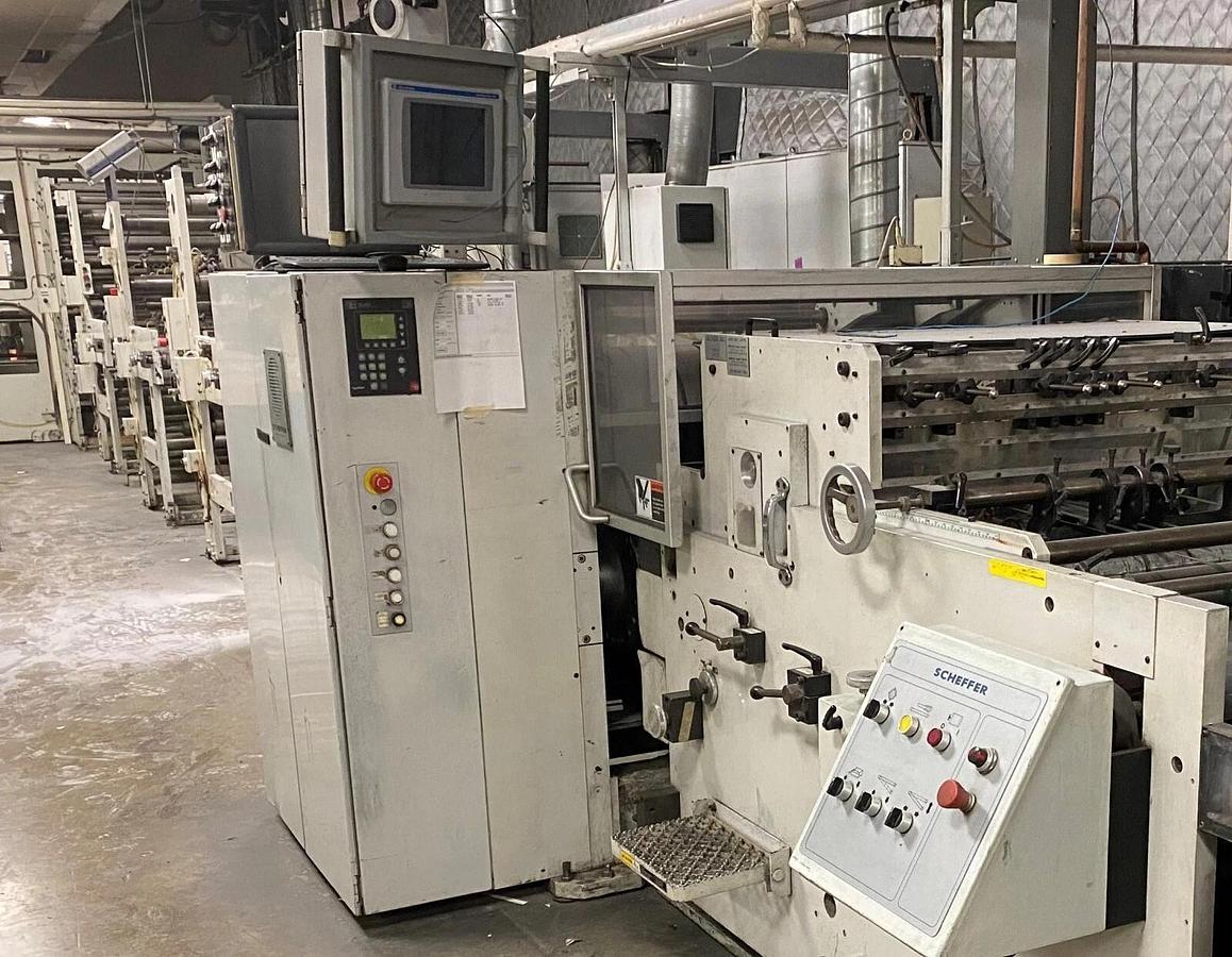 Used Scheffer rotary cutter with high speed T.ED delivery and shear slitter WPM