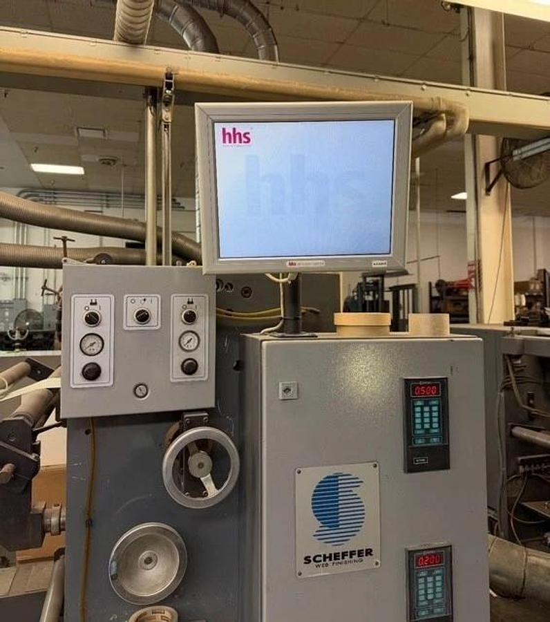 Used Scheffer 38" wide inline with Die Cutter, gluer, UV coater, Dynatec, Baldwin
