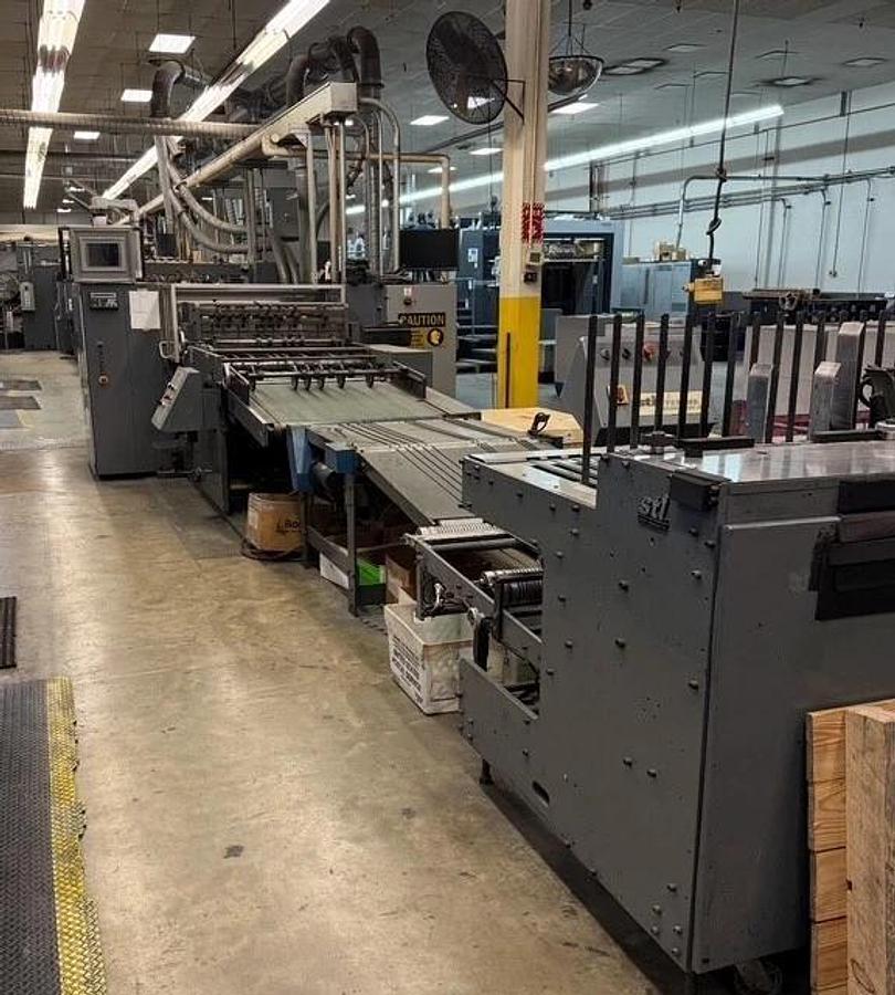 Used Scheffer 38" wide inline with Die Cutter, gluer, UV coater, Dynatec, Baldwin