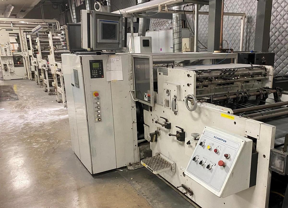Used Scheffer rotary cutter with high speed T.ED delivery and shear slitter WPM