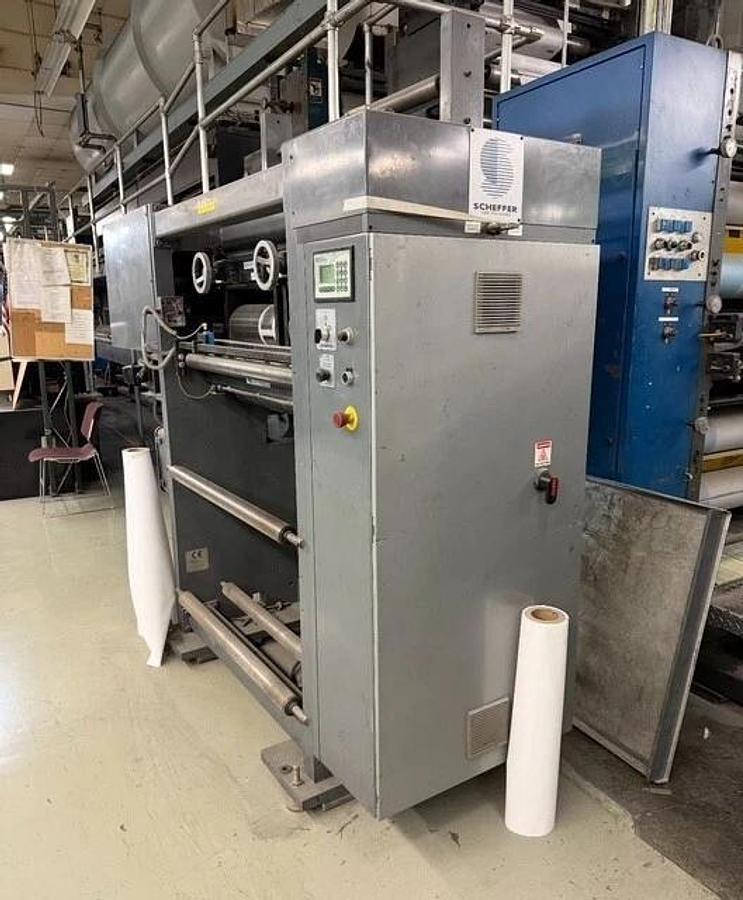 Used Scheffer 38" wide inline with Die Cutter, gluer, UV coater, Dynatec, Baldwin