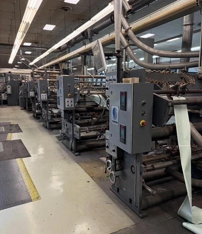 Used Scheffer 38" wide inline with Die Cutter, gluer, UV coater, Dynatec, Baldwin