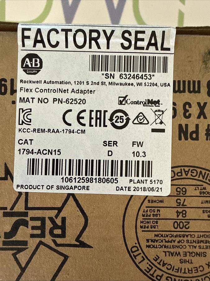 Allen-Bradley 1794-ACN15 Adapter PN62520 Module Flex I/O Ser D AB 1794ACN15 NEW