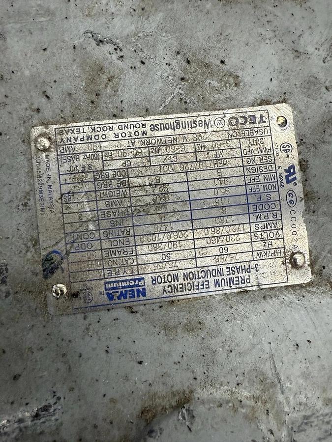 Used TECO WESTINGHOUSE 75HP 1770RPM ELECTRIC MOTOR 230/460V