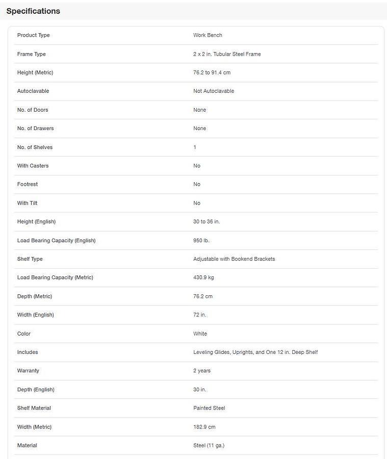 Adjustable Height Basic Work Bench with Leveling Glides, Uprights and One 12” Deep Steel Shelf