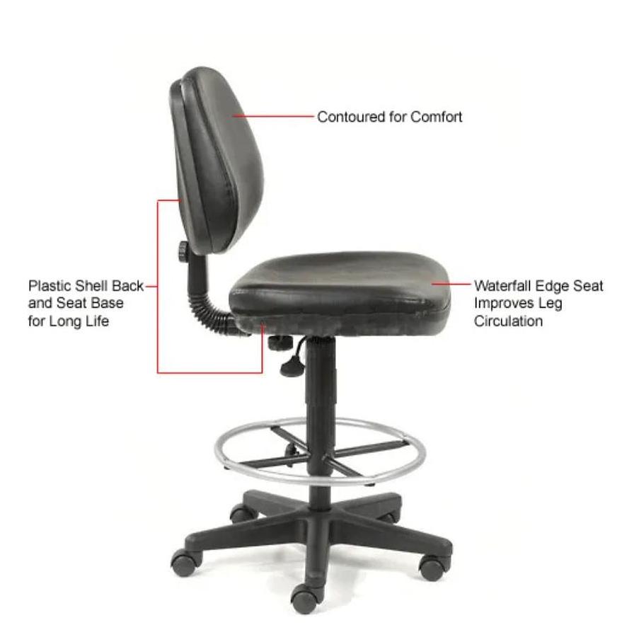 2025 Vinyl Task Stool, 360° Footrest, Black Labrotory Chair