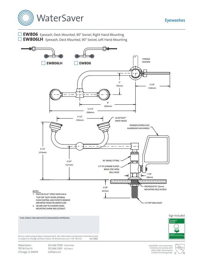 WaterSaver EW806: Deck-Mounted Swivel Eyewash Station