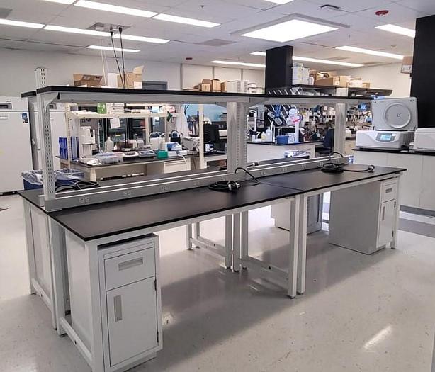 New Recycled Labs Metal Frame table with 3/4 " phenolic top,  adjustable 2 tier laminate shelving