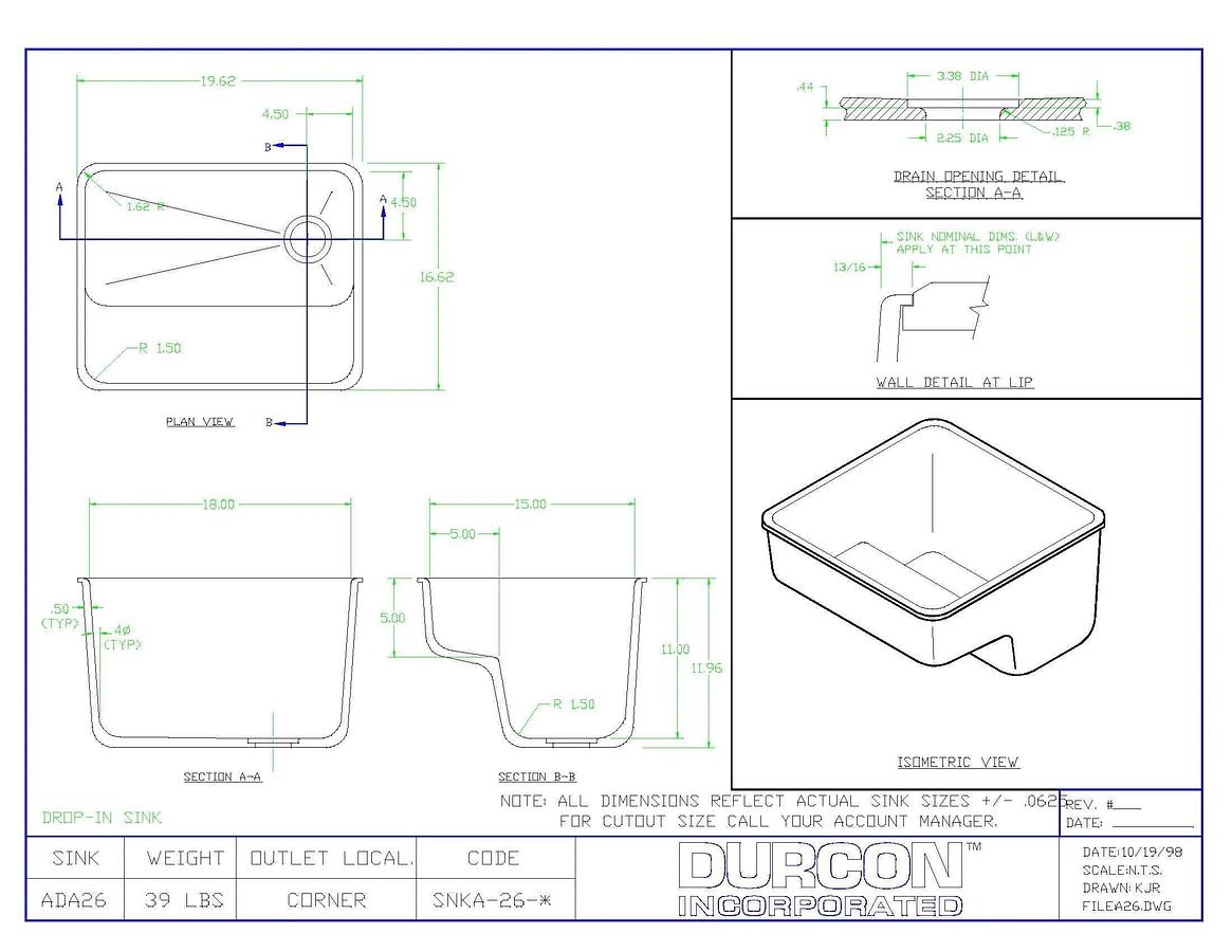 Used Durcon A26 Sink, Black Onyx — 18″ x 15″ x 11″ Drop-In
