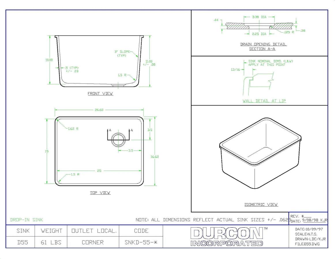 Durcon D55 Sink, Black Onyx — 25″ x 15″ x 10″ Drop-In