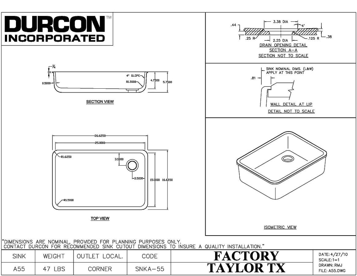 Durcon A55 Sink, Black Onyx — 25″ x 15″ x 4.8″ Drop-In
