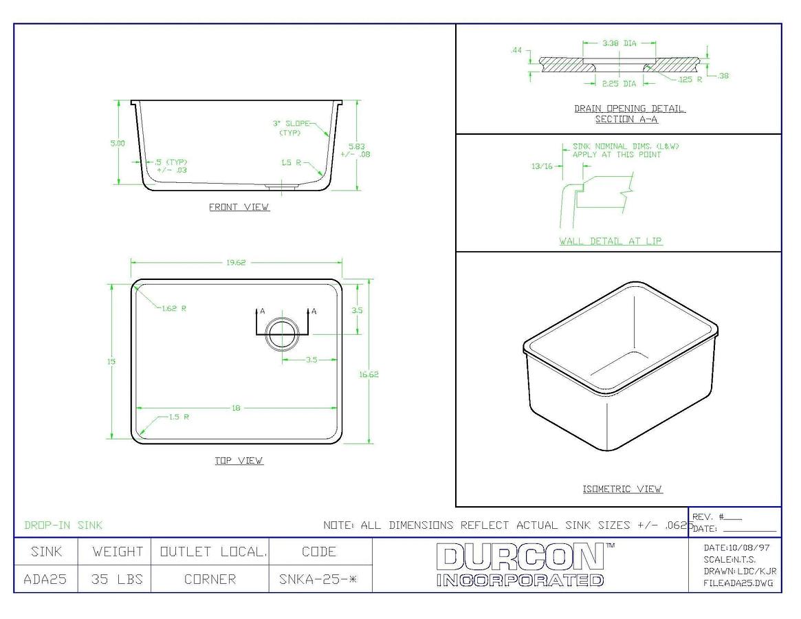 Used Durcon A25 Sink, Black Onyx — 18″ x 15″ x 5″ Drop-In