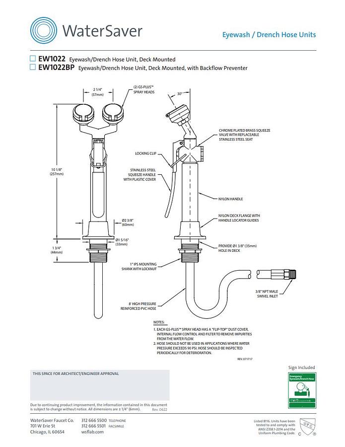 WaterSaver EW1022 Eyewash