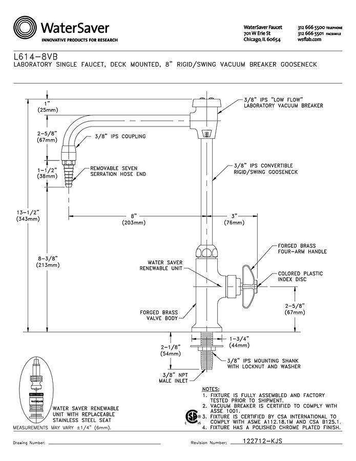 WaterSaver L614-8VB: Single Faucet with Vacuum Breaker Gooseneck