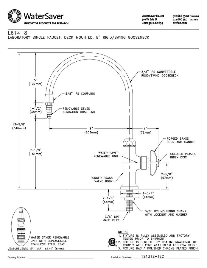 WaterSaver L614-8: Single Laboratory Faucet with Gooseneck