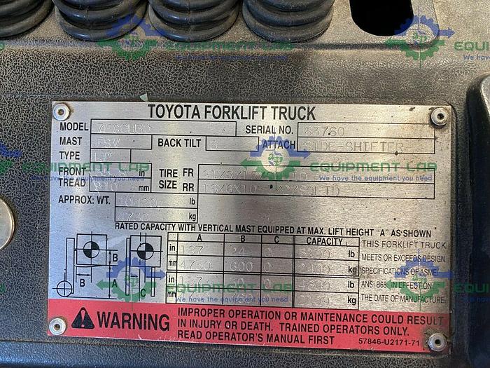 Used 2002 Toyota 7FGCU30 Forklift 5100 LB Capacity 187" Max Height 3-Stage Mast 4800 Hours