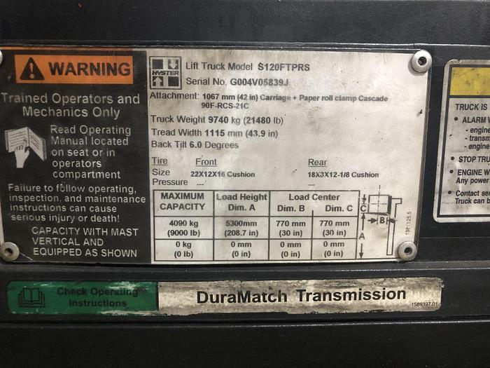 Used 12,000 POUND HYSTER S120FTPRS W/ 6' FORKS MFG. 2011