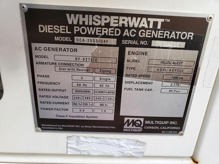 Used 2017 Multiquip Whisperwatt DCA25-SSIU4F Generator 