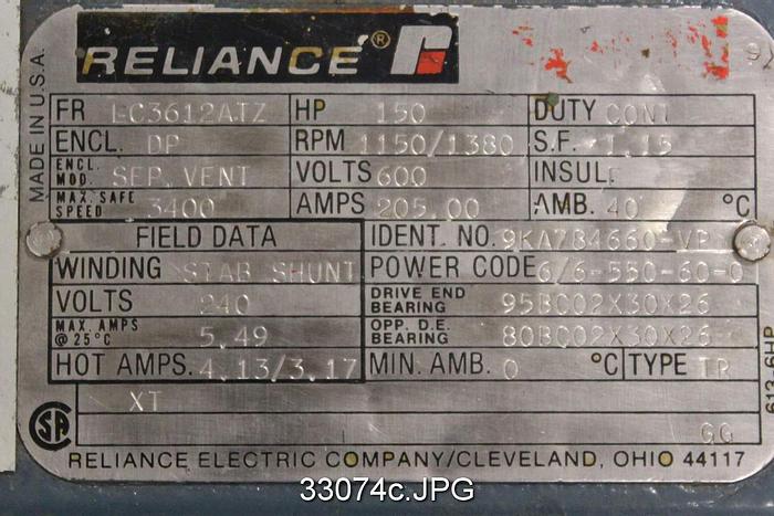 Used Reliance 9KA784660-VP 150Hp, 1150-1380RPM, 600Volts DC Motor #33074