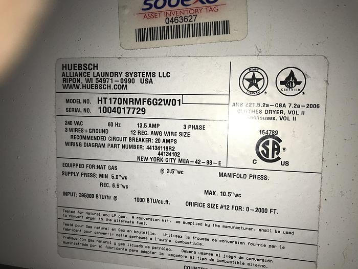 Used 2010 Huebsch 170lb gas dryer