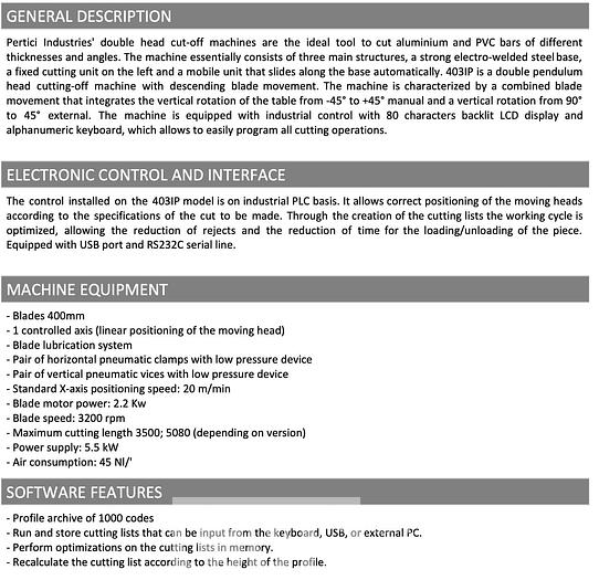Used Pertici 402IP Double Head Cut Off Saw