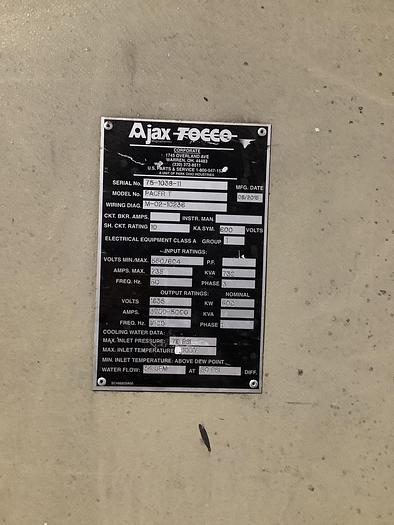 Used 2015 AJAX TOCCO 600 KW PACER-T HIGH FREQUENCY ELECTRIC MELTING POWER SUPPLY