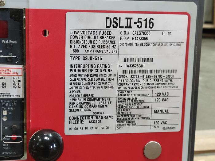 Used Eaton Cutler-Hammer DSLII-516 1600 Amp 3 Pole Low-Voltage Fused Power Circuit Breaker