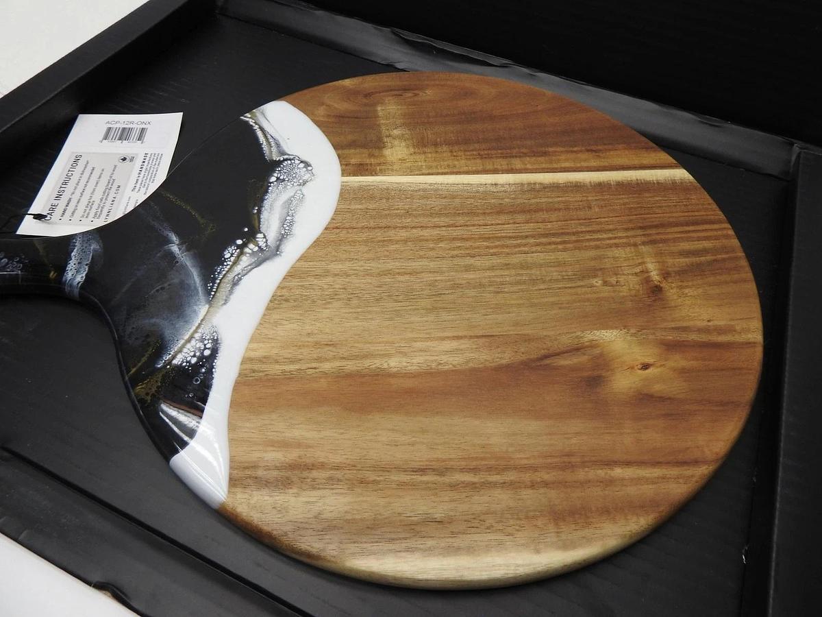 LYNN & LIANA Round Cheese Paddle Acacia Board ONYX 12" Diameter, 5" Paddle
