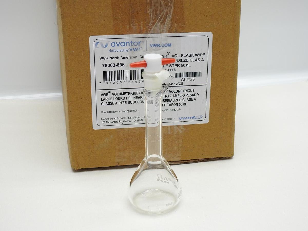 12/pcs VWR Volumetric Flask Clear Glass, Wide Neck Unserialized 51x130 mm, 50 ml