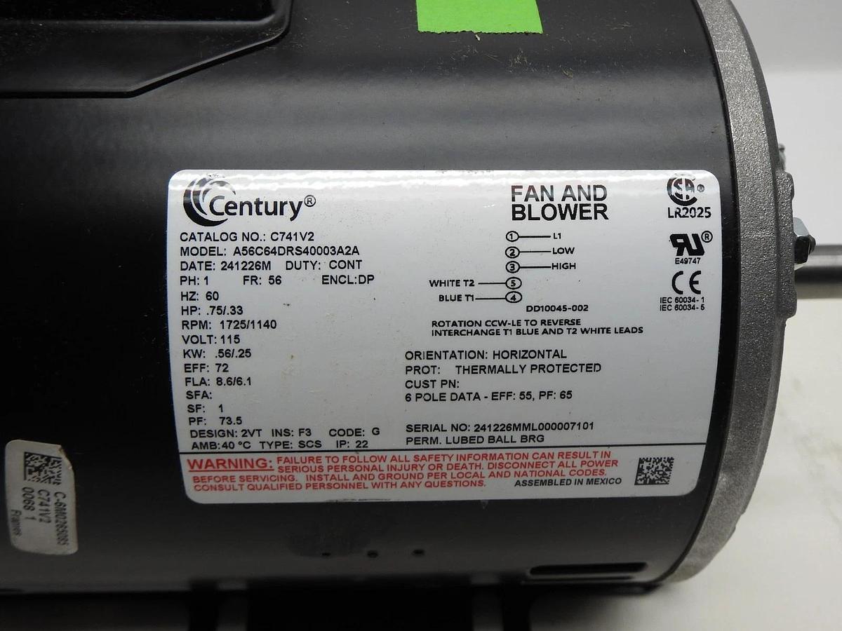 Century C741V2 3/4 hp 1725 RPM 2-SPD 56 Fr 115V Belt Drive Blower Mtr Cap Start