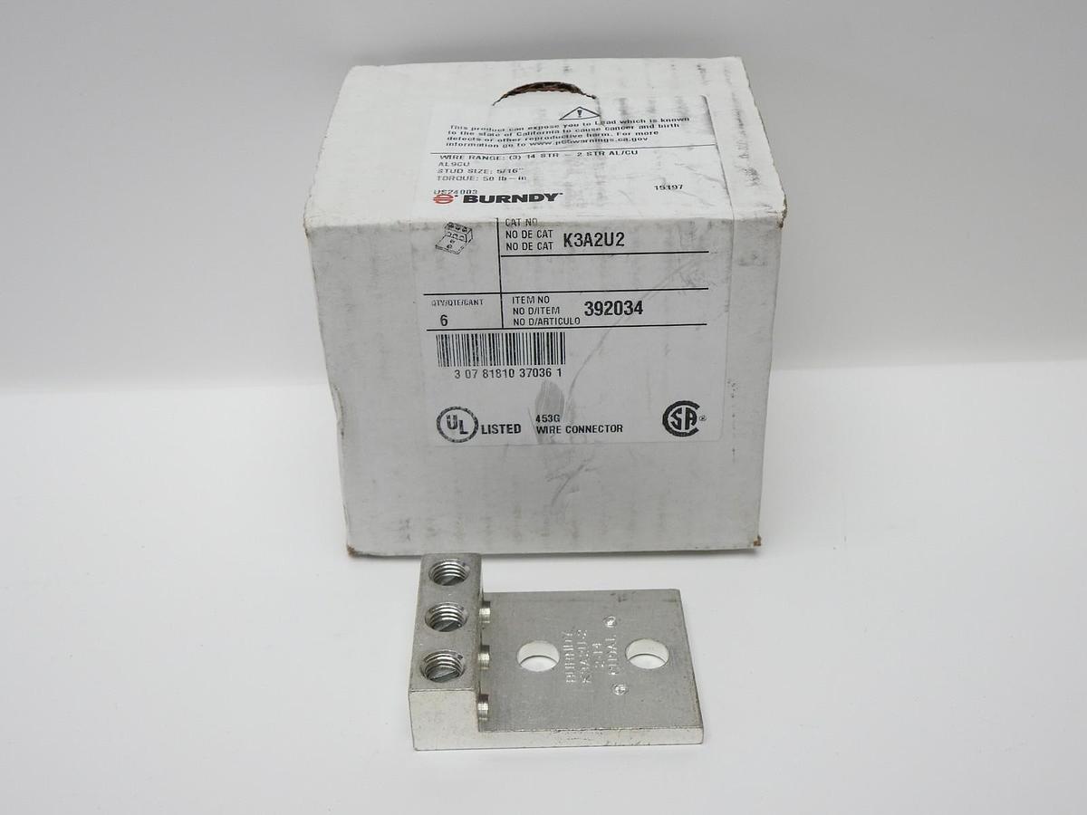 Box of 6 - Burndy K3A2U2 2 to 14 AWG, 3 COND Aluminum Universal Terminal