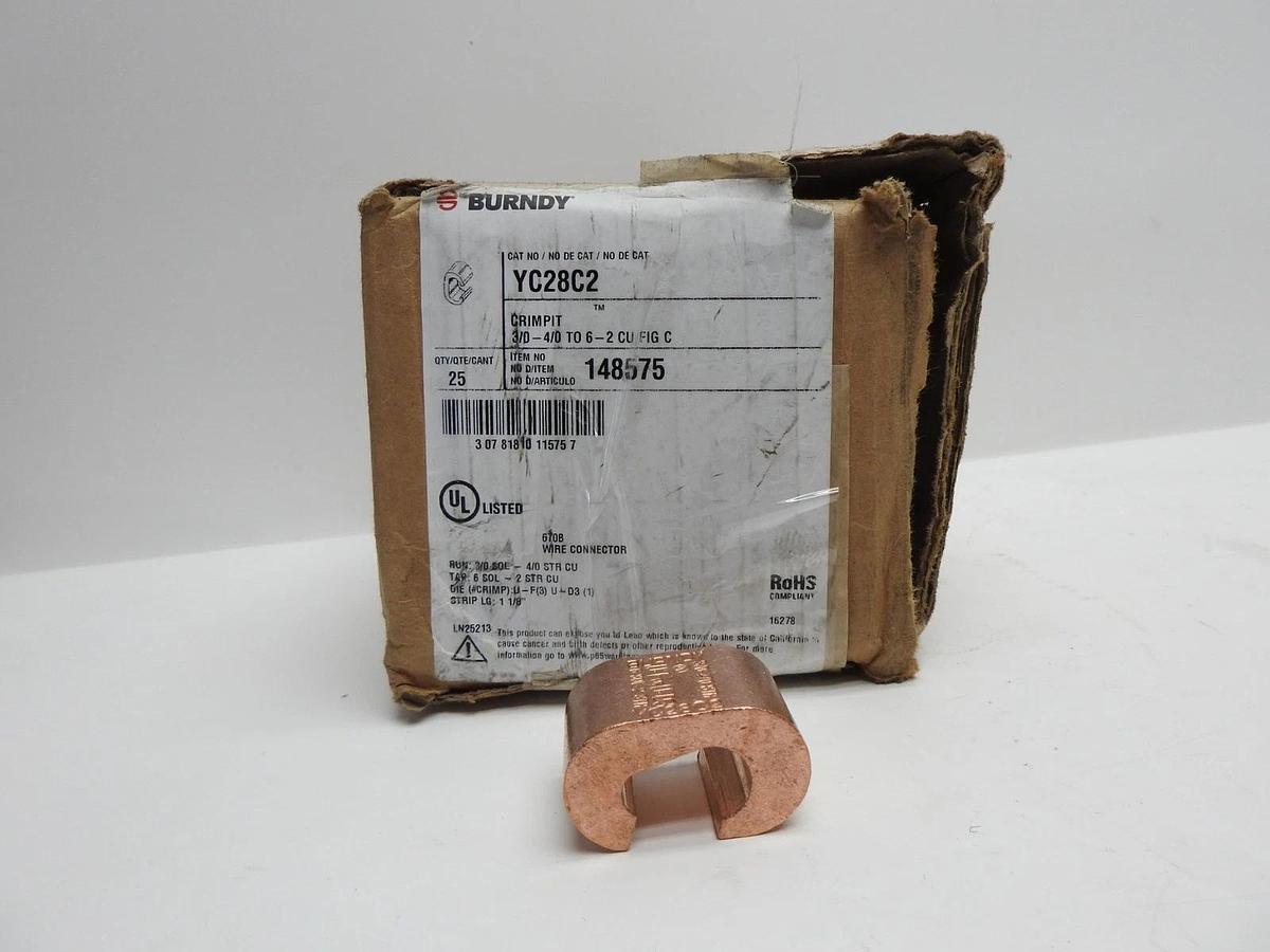 27 p/k - Burndy YC28C2 Copper Crimpit Connector, 3/0 Sol. - 4/0 Str - OEM NEW