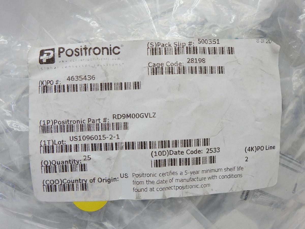 Lot of 25 - Amphenol Positronic RD9M00GVLZ 9-Pin D-Sub Plug Housing IP67 Rated