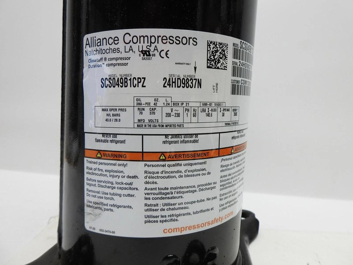 Alliance Compressor ZP49K7E-PFV-833 SCS049B1CPZ ZP49K7E-PFV 230V- NEW