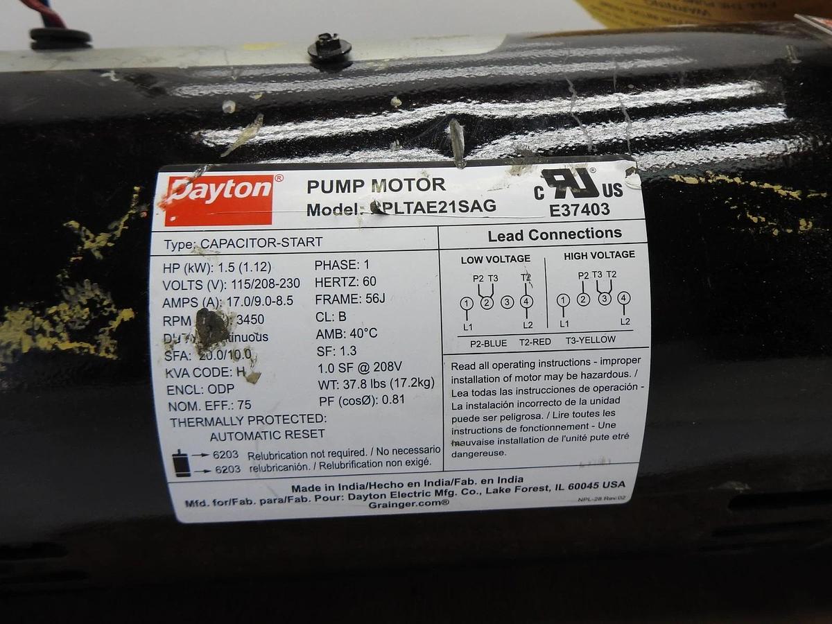 Dayton PPLTAE21SAG 1.5 HP, 1PH Pump Motor w/ 4UA71 Self Priming Centrifugal Pump