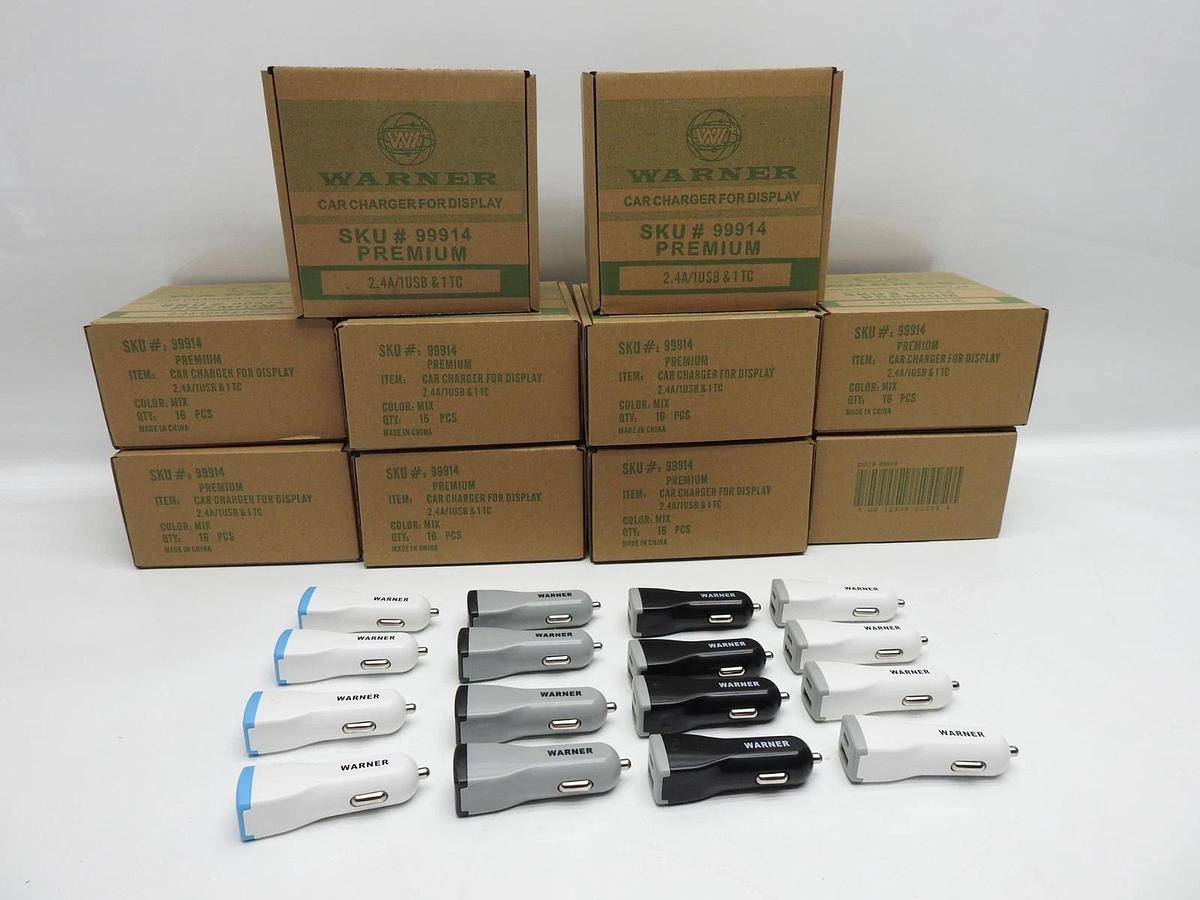 Lot of 160 Total - Warner Wireless Dual Car Charger USB & Type C 2.4A MultiColor