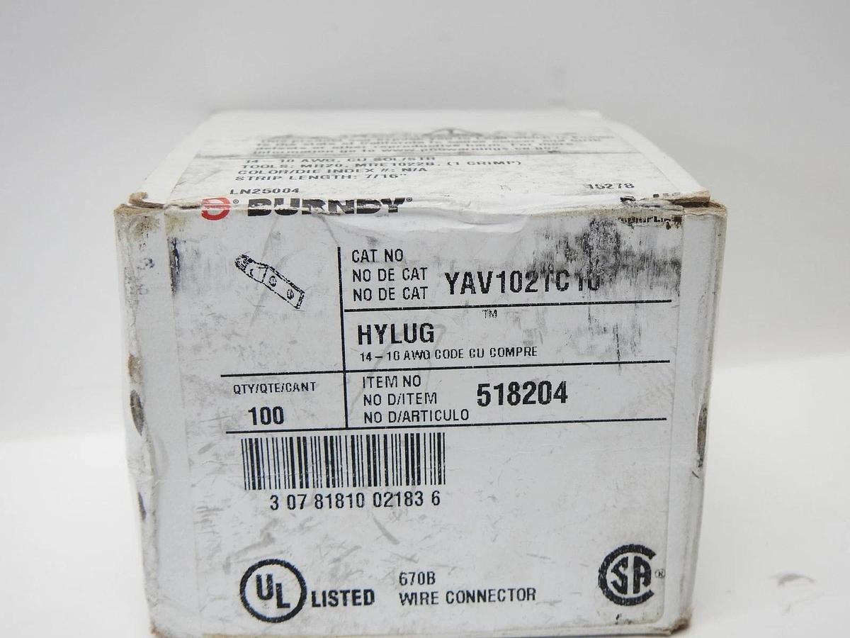 100/Box - Burndy YAV102TC10 Cu Compression Lugs 2-Hole #10 Stud 14-10AWG 518204