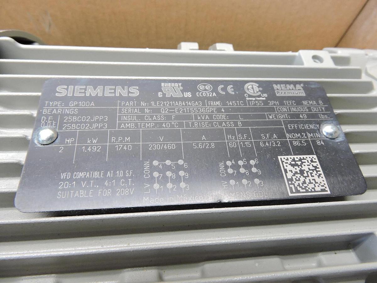 Siemens 1LE21211AB414GA3 NEMA Motor,1800 rpm,208-230/460V, 2.8A - NEW!