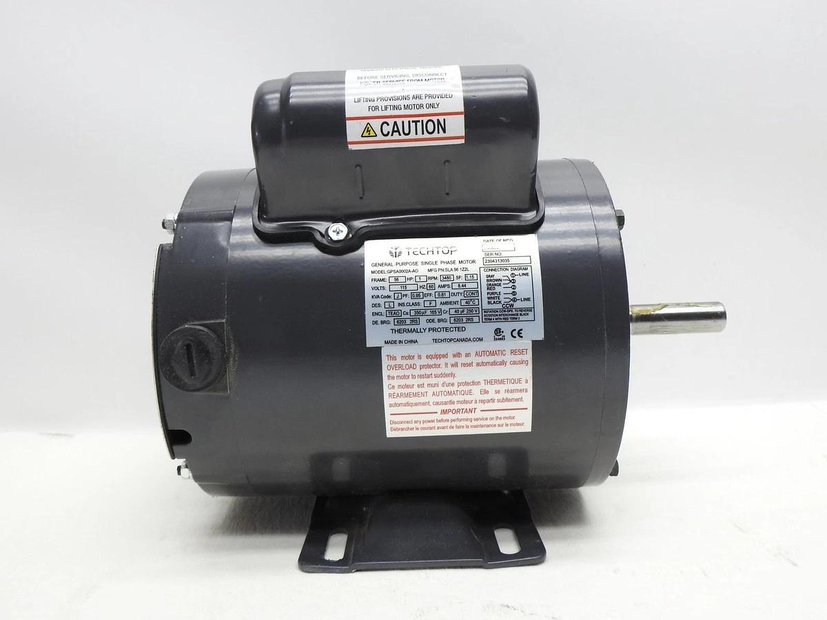 Techtop Single Phase Motor 1 HP, 3480 RPM, Frame 56, 8.44 Amps SLA 56 1Z2L NEW!